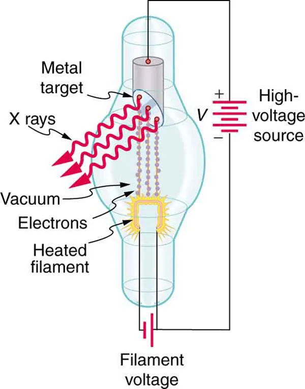 Basic X-ray tube showing the cathode, anode, and electron flow